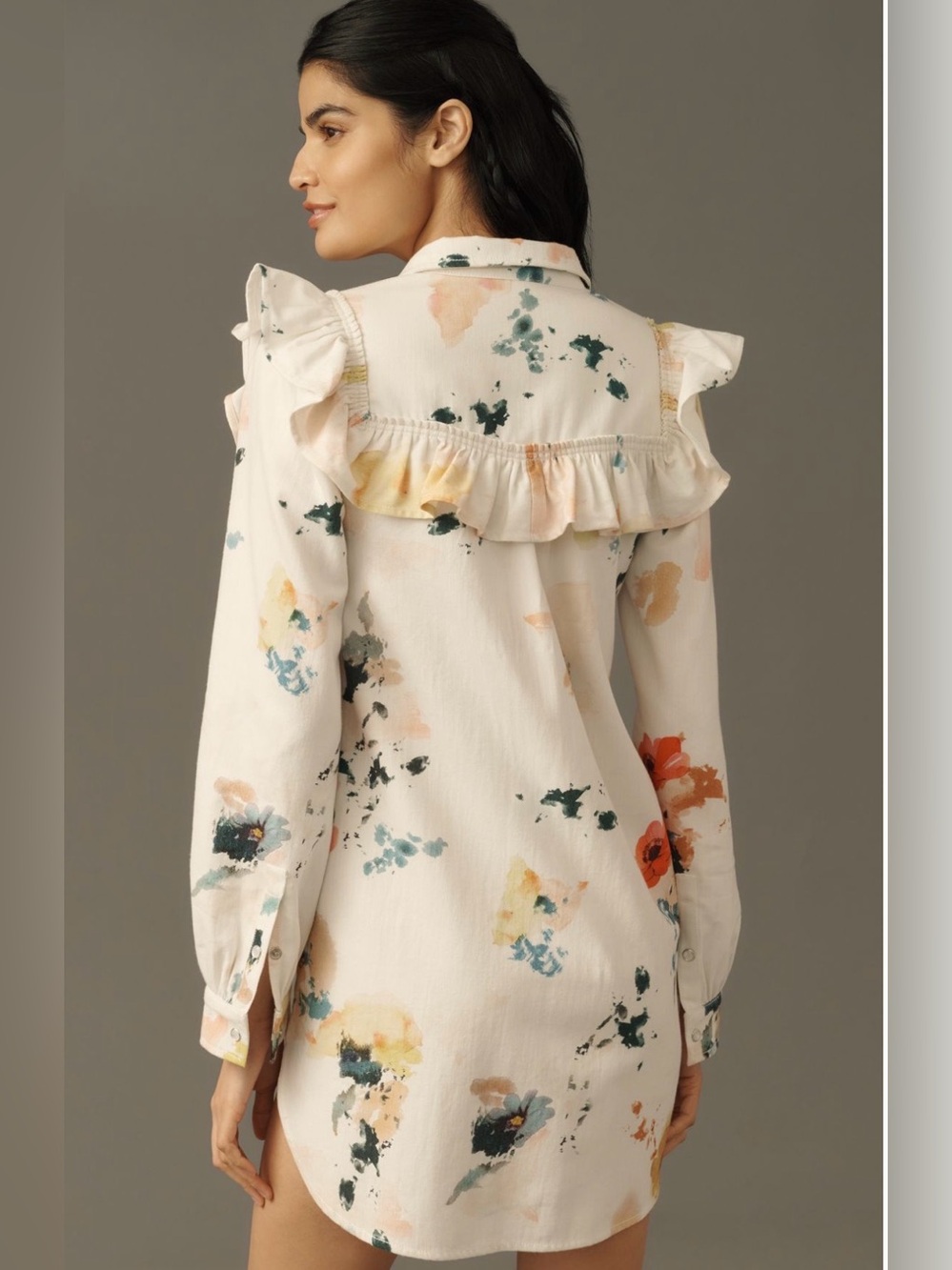 NWT Pilcro Long-Sleeve Ruffled Denim Mini Shirtdress | XXS - Picture 2 of 8